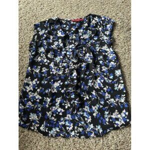 Elle Womens Black Blue Floral Print Ruffle Detall Size Small Casual Career